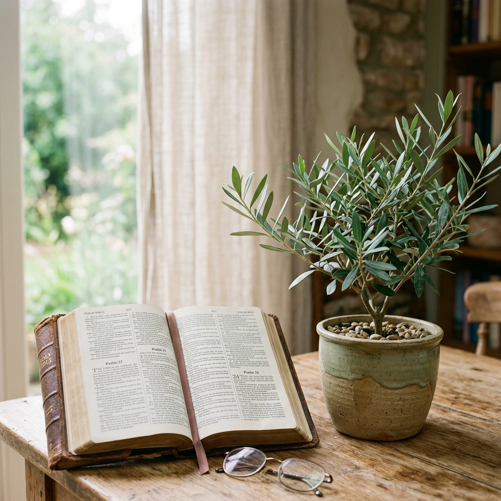 Open Bible on wooden table next to potted plant and eyeglasses