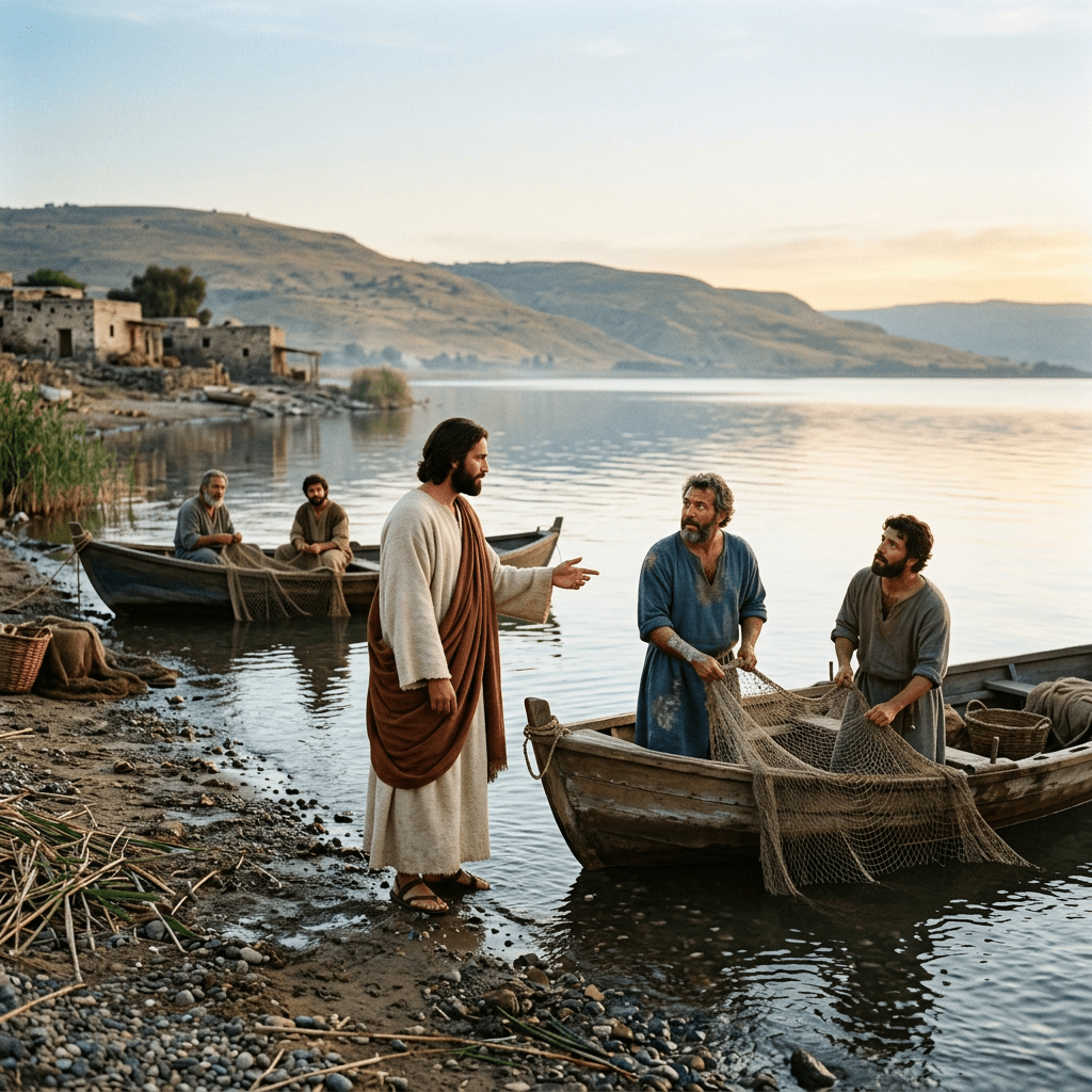 Man in robe talking to fishermen with nets by boats at lakeshore during sunset