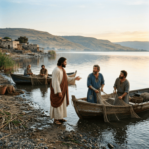 Man in robe talking to fishermen with nets by boats at lakeshore during sunset