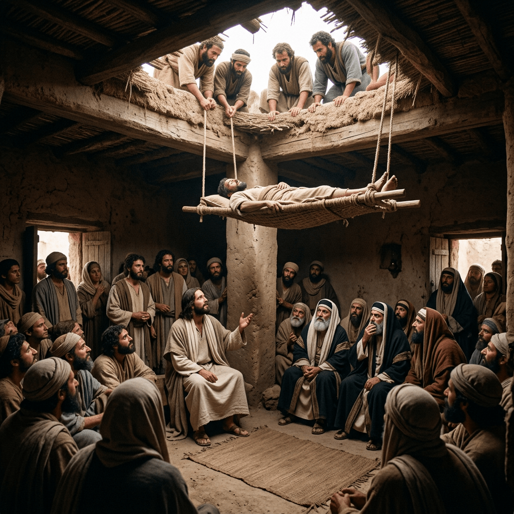 Paralytic man lowered on mat through roof to man teaching inside a crowded room