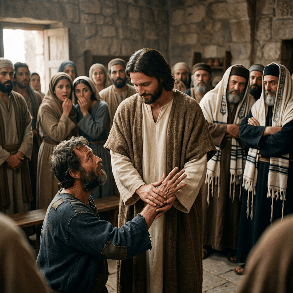 A man kneeling and looking up while another man in biblical robes holds his wrist surrounded by onlookers