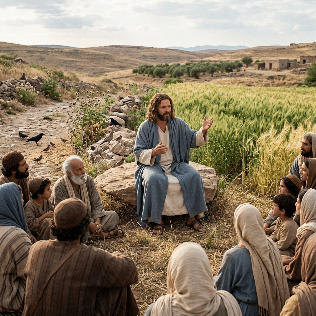 Man in robes sitting on a rock speaking to a seated group in a rural field