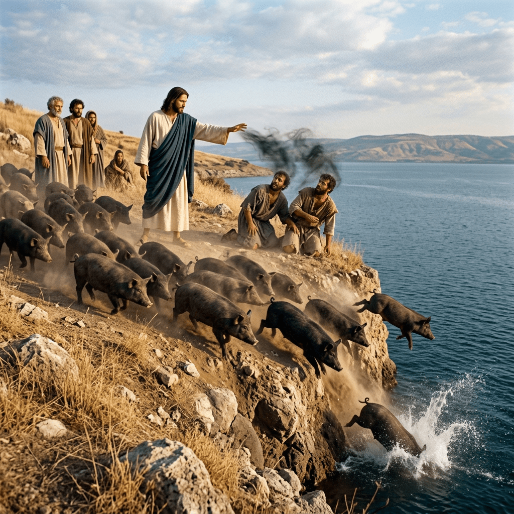 Man in white robe and blue sash gesturing as pigs run off cliff into water with men watching