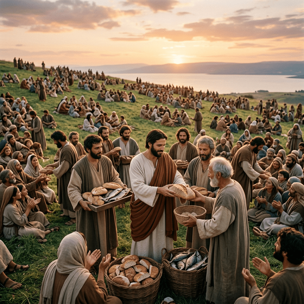 People dressed in biblical-era clothing sharing bread and fish outdoors at sunset.