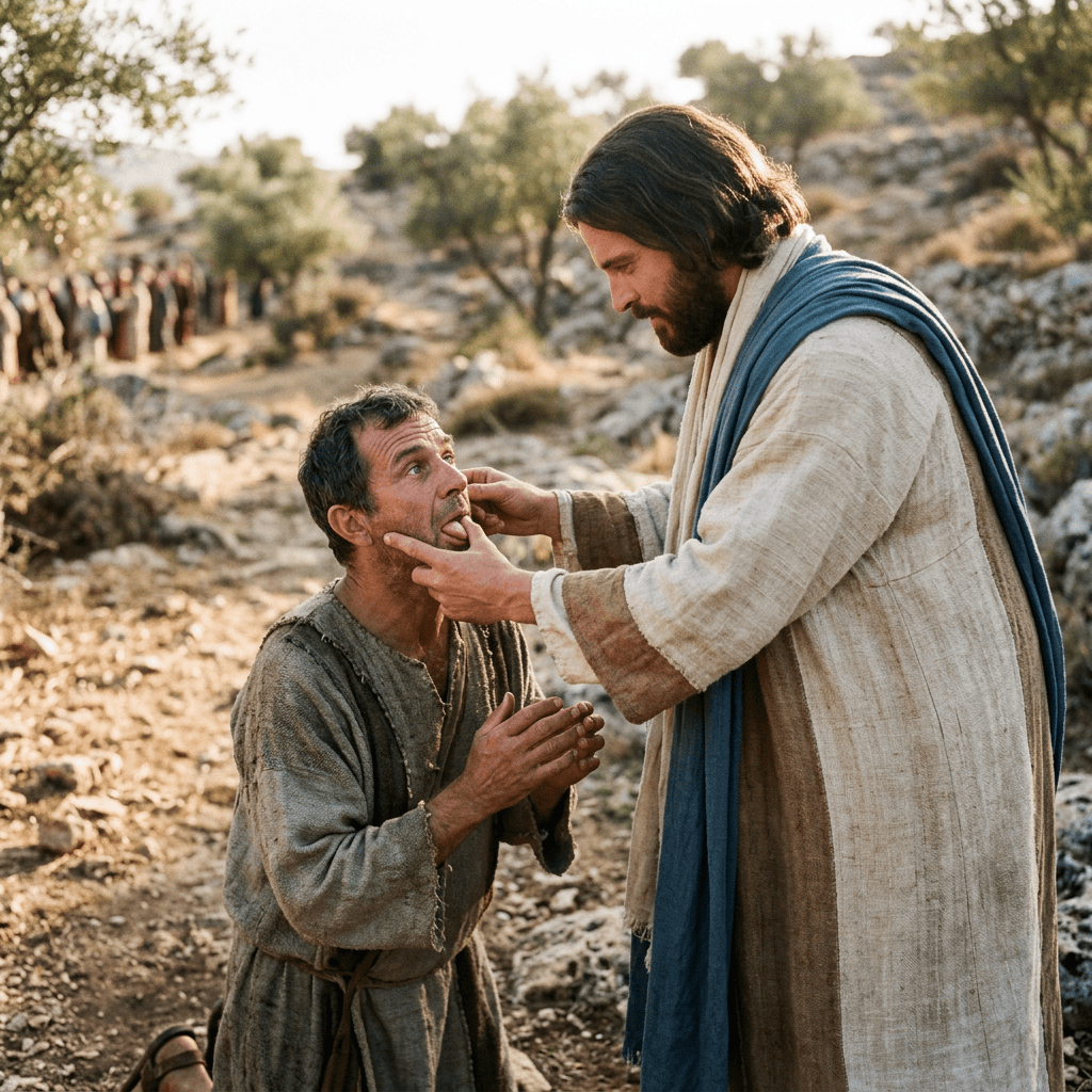 A man touching another man's mouth during a healing in a rocky outdoor area.
