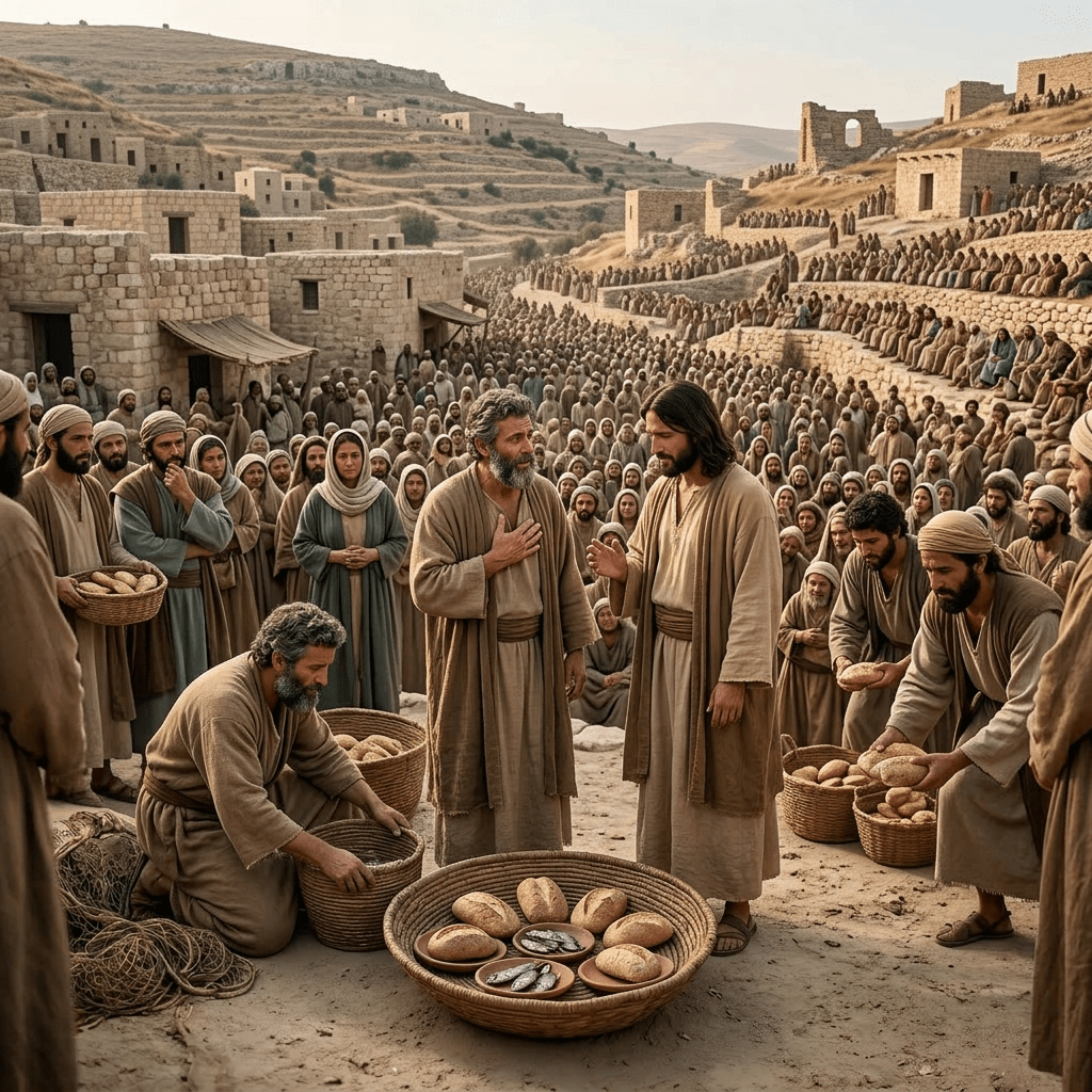 Men and women in ancient robes gathered in a town, with two men conversing in front