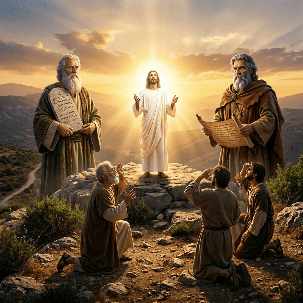 Central glowing figure standing on rock with ancient men kneeling and holding tablets and scrolls