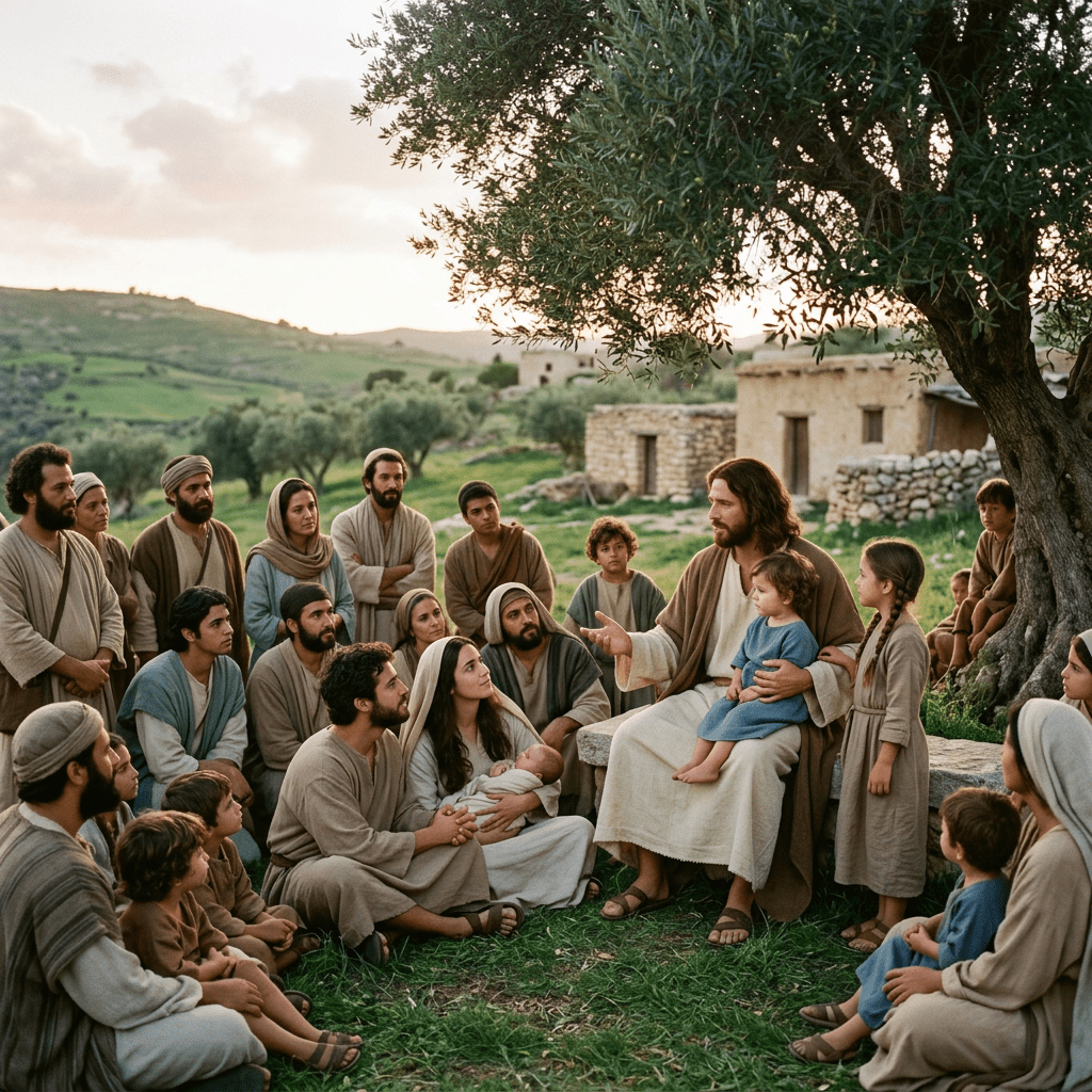Jesus speaking to a group of men, women, and children seated outdoors near a tree and stone buildings.