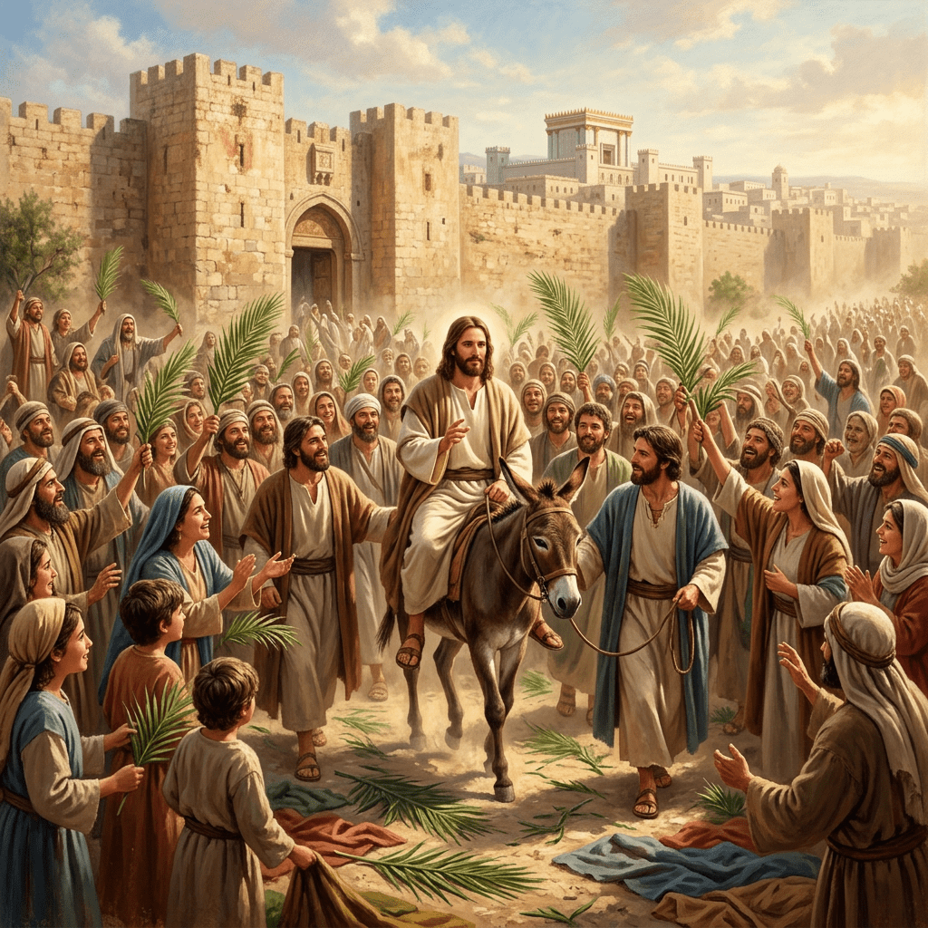 Jesus riding a donkey entering a city greeted by a crowd waving palm branches