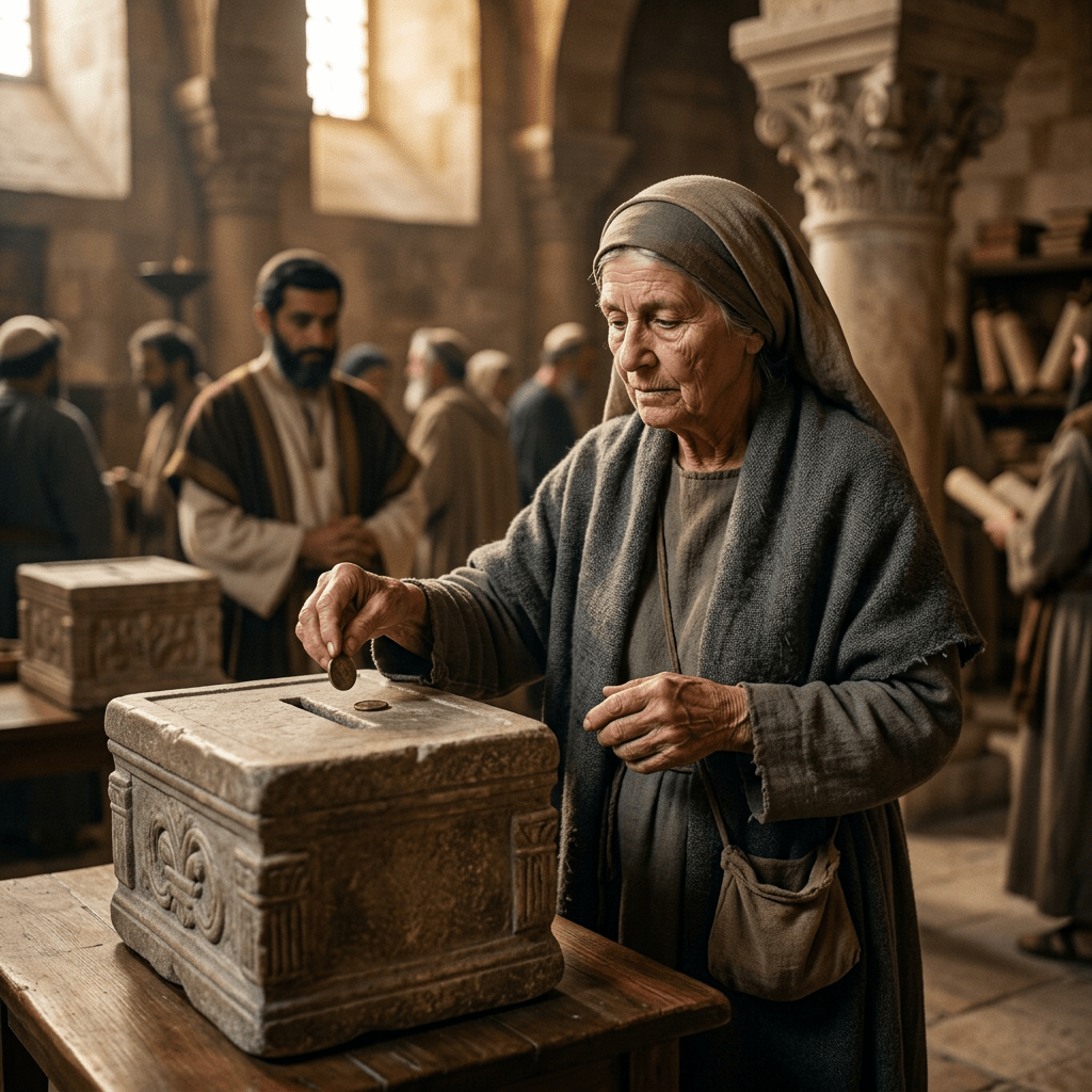 Elderly woman putting a coin into an ornate stone donation box in a historical temple interior.