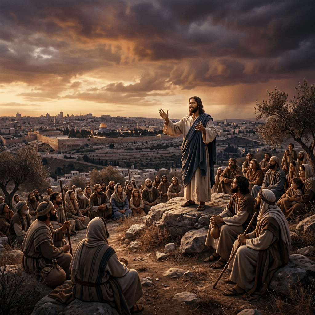 Jesus standing on a rock preaching to a seated group near Jerusalem with dramatic sunset sky