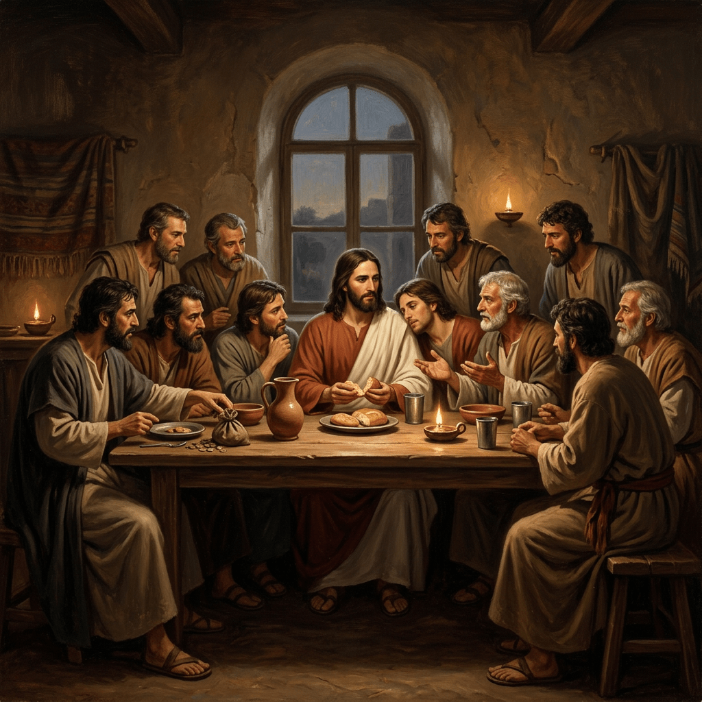 Jesus breaking bread with twelve disciples at a wooden table