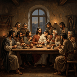 Jesus breaking bread with twelve disciples at a wooden table