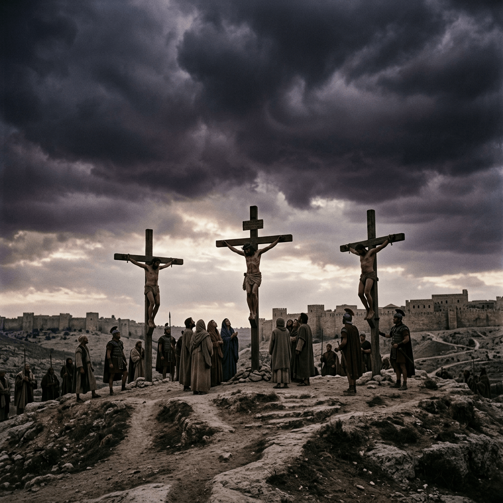 Three men crucified on crosses on a hill with people and ancient city in background under dark clouds