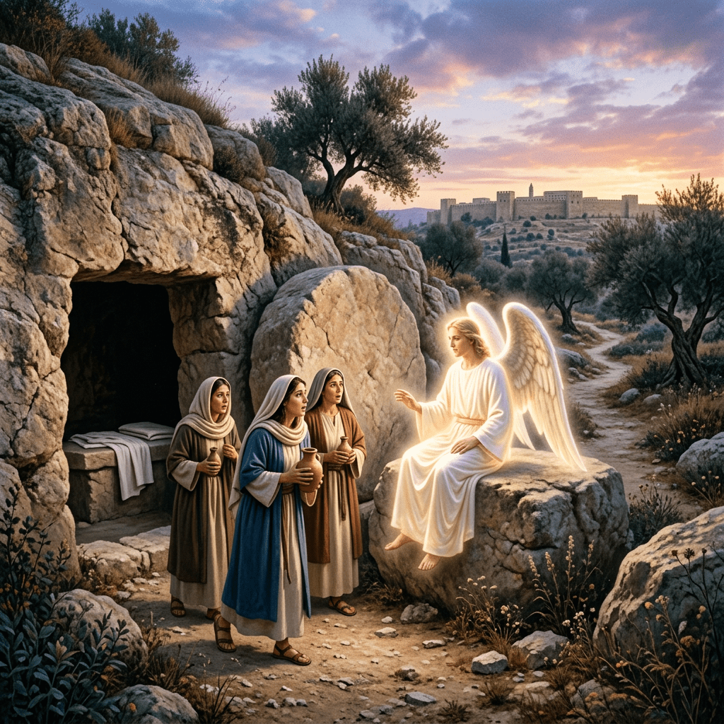 An angel glowing with light sits on a stone near an empty tomb while three women stand with jars, listening attentively.