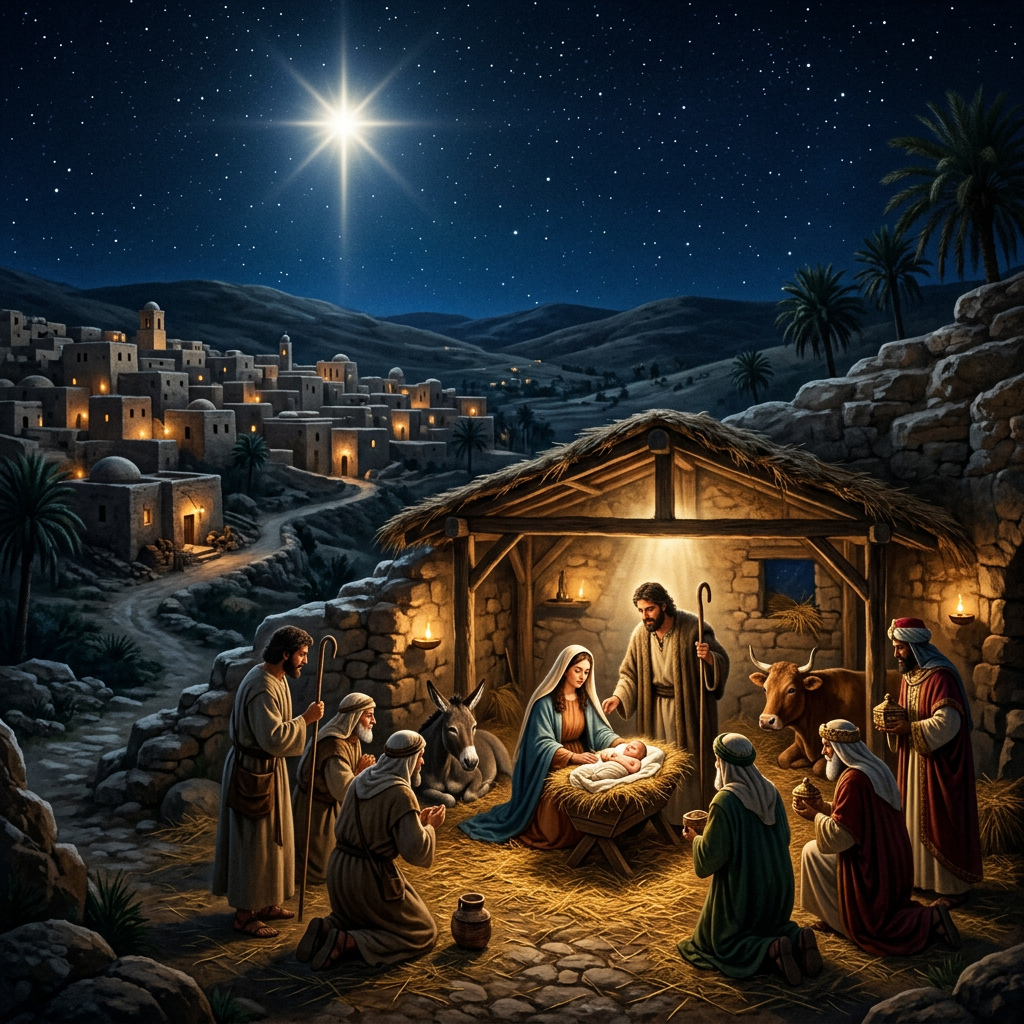 Nativity scene with baby Jesus in manger, Mary, Joseph, shepherds, and wise men under starry night sky